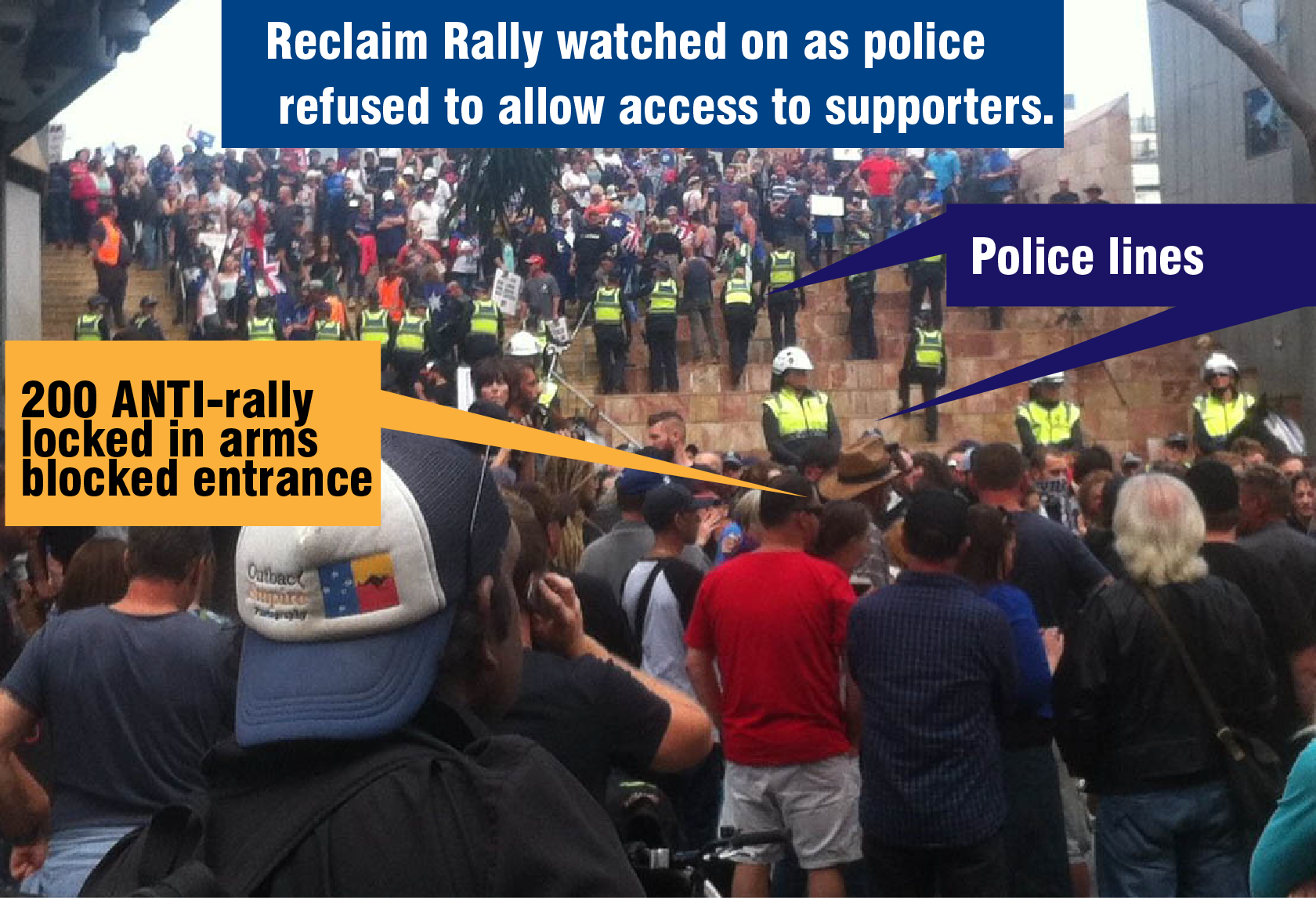 Flinders Street: This scenario made it impossible for Reclaim Rally goers to join their rally at the top of these stairs.